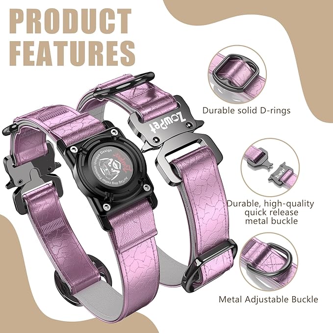 AirTag Dog Collar - Leather Dog Collar with Airtag Holder | IP68 Waterproof AirTag Holder with Metal Buckle, Comfortable GPS Dog Collars Tracker for Medium Large Dogs (Rose Gold, M)-PurrikoPets