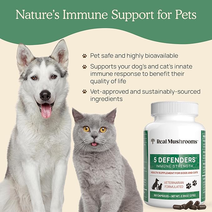 5 Defenders Mushroom Supplement for Cats & Dogs – Chaga, Shiitake, Reishi, Turkey Tail, Maitake – Cat Multivitamin & Dog Supplement for Wellness Support– 90 ct Real Mushrooms Powder Capsules-PurrikoPets
