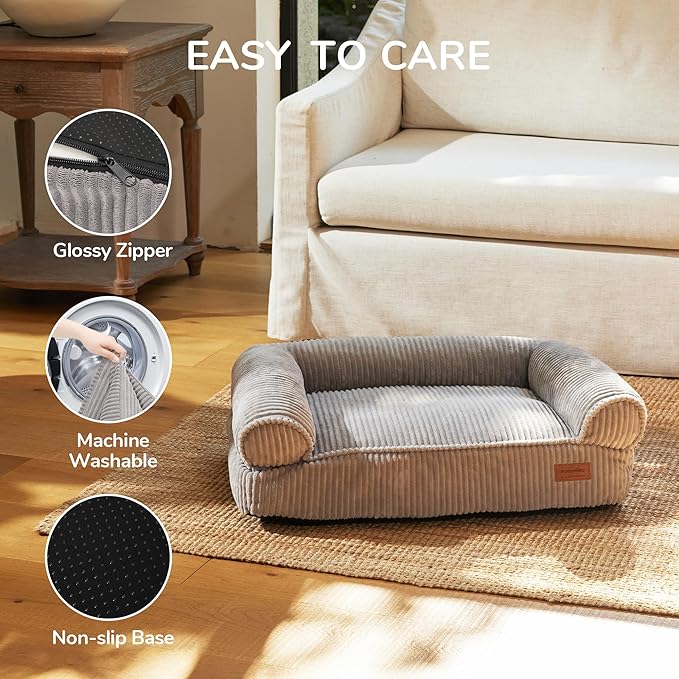 FUKUMARU Dog Couch Bed, Corduroy Cozy Cat Bed for Indoor Cats with Washable Cover, Supportive Waterproof Dog Beds Sofa for Small Dogs and Large Cats Cute, 28inch, Medium, Light Grey-PurrikoPets