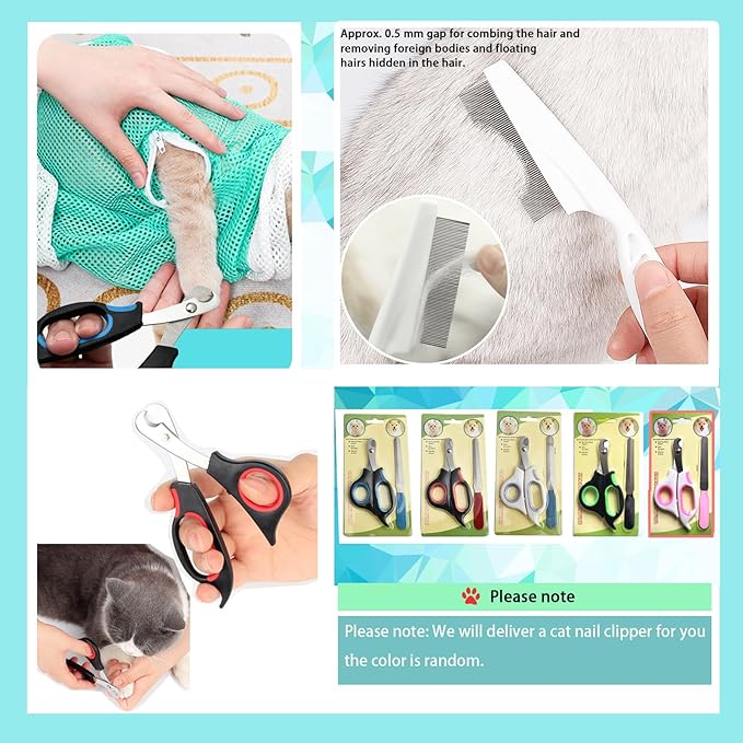 8 Piece Cat Grooming Supplies ，Adjustable Multifunctional Anti-Bite Shower net Bag，Cat Claw Covers，Cat Bath Brush and Cat Nail Clipper(Grey-B)-PurrikoPets
