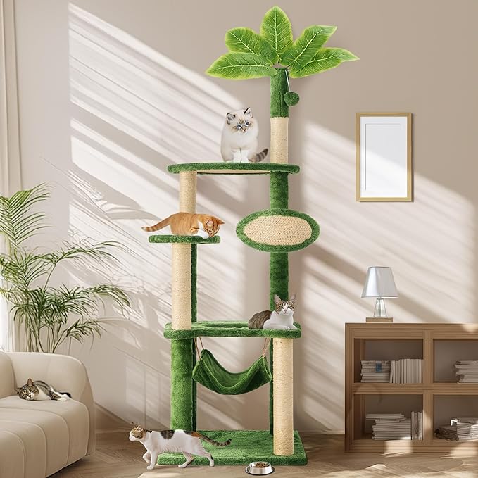 55 Inch Large Cat Tree Tower for Indoor Cats with Hammock Green Leaves Sisal Scratching Post, Plush Hang Ball Play Furniture for Kittens & Adult Cats,New Green-PurrikoPets