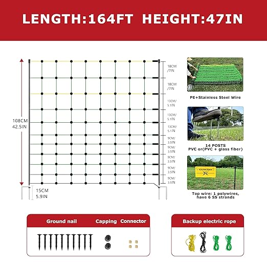 Electric Fence Netting, 164'L x 47.2" H Electric Chicken Fence Kit for Livestock, Farms, Backyards, Garden, Assembled Double Spiked Portable Electric Poultry Farm Fence-PurrikoPets