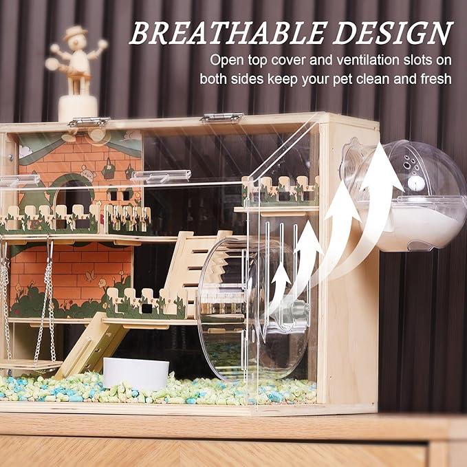 11 in 1 Wooden Hamster Cage with All Accessories, 15.8 Inch 3-Layer Dwarf Hamster Cage Acrylic,Small Animal Cages, Pastoral Style Mouse Cage for Pet Mice, Hedgehog, with Stairs, Fences and Swing-PurrikoPets