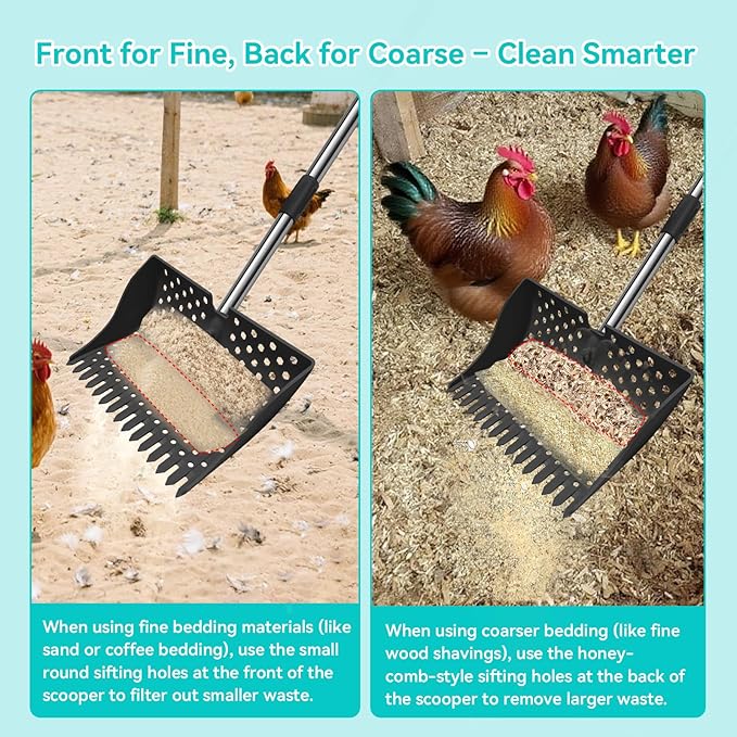 12-Inch 2-in-1 Chicken Poop Scooper & Rake – US Patent Pending – 3-Shape Sifting Holes Chicken Coop Rake，Stainless Steel Handle （20–61"）– Litter Scoop Sand & Sifting Shovel for Chicken Coops (Black)-PurrikoPets