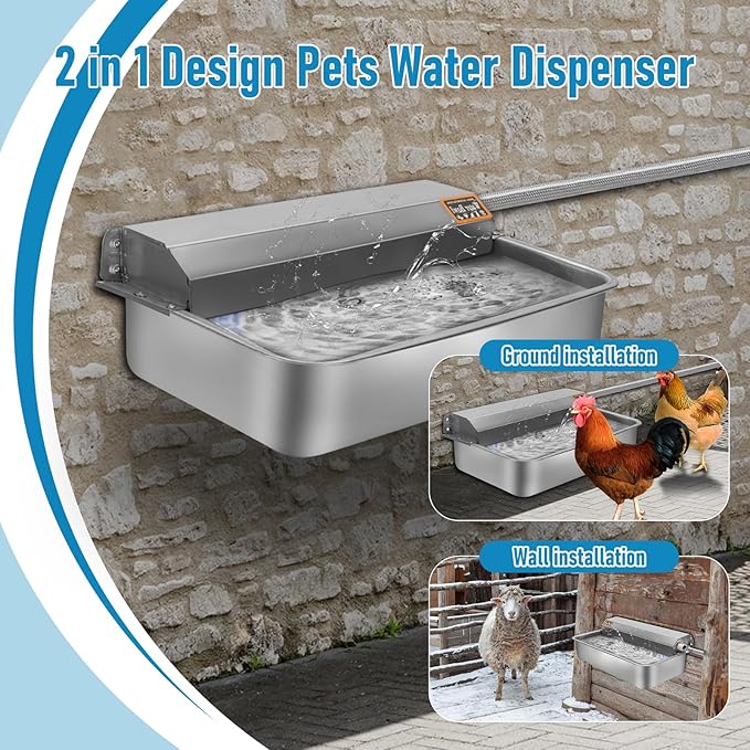 6L Automatic Dog Water Dispenser Bowl for Large Dogs, 304 Stainless Steel Wall Mounted Pet Waterer with Float Valve, Self-Filling Outdoor Water Trough for Pets/Livestock-PurrikoPets