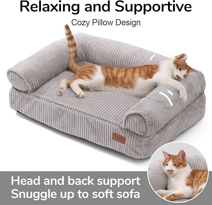 FUKUMARU Dog Couch Bed, Corduroy Cozy Cat Bed for Indoor Cats with Washable Cover, Supportive Waterproof Dog Beds Sofa for Small Dogs and Large Cats Cute, 28inch, Medium, Light Grey-PurrikoPets