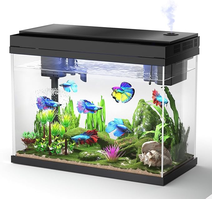 Fish Tank Aquarium Kit, 2.38 Gallon Beta Fish Aquariums, UHD Glass,Temperature Sensing, 7-Color Lighting Small Fish Tank for Kids/Desktop Decor-PurrikoPets