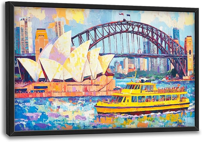 Extra Large Sydney Opera House Framed Wall Art for Living Room,Oversized Abstract Harbour Bridge Cityscape Pictures Wall Decor,Canvas Print Painting Modern Artwork Bedroom Office Bathroom 36L" x 24W"-PurrikoPets