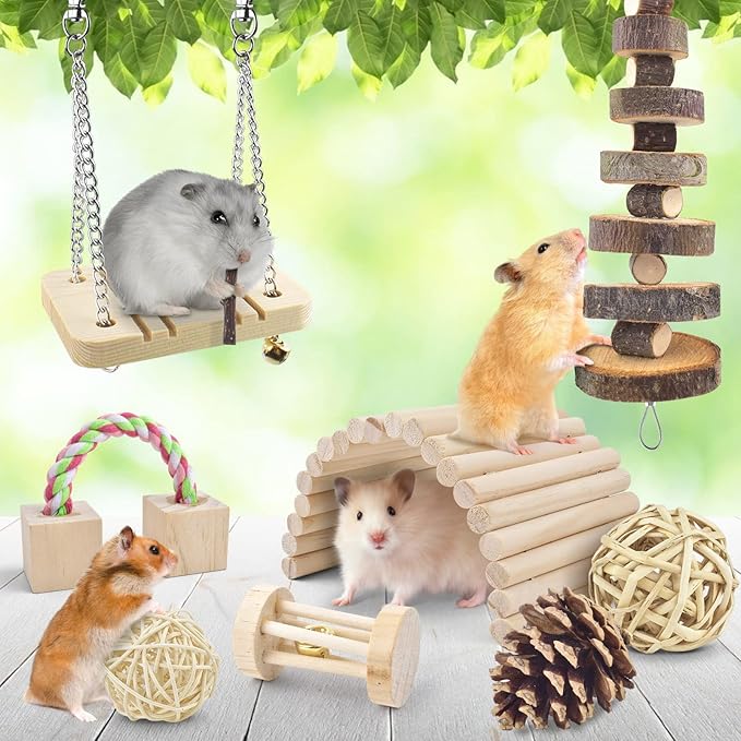ERKOON New 12 Pack Hamster Chew Toys Gerbil Rat Guinea Pig Chinchilla Chew Toys Accessories, Natural Wooden Dumbbells Exercise Bell Roller Teeth Care Molar Toy for Rabbits Bird Rabbits Hamster Gerbil-PurrikoPets