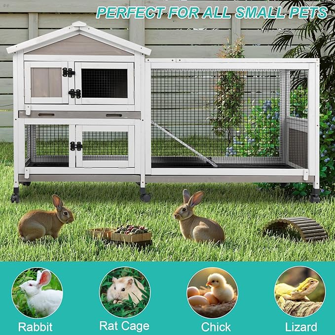 2-Tier Rabbit Hutch with Wheels, Indoor & Outdoor Small Animal Cage with Deep Pull-Out Tray, Anti-Chew Frame, Habitat for Bunny, Guinea Pig, Chinchilla (60" L x 19" W x 35" H)-PurrikoPets