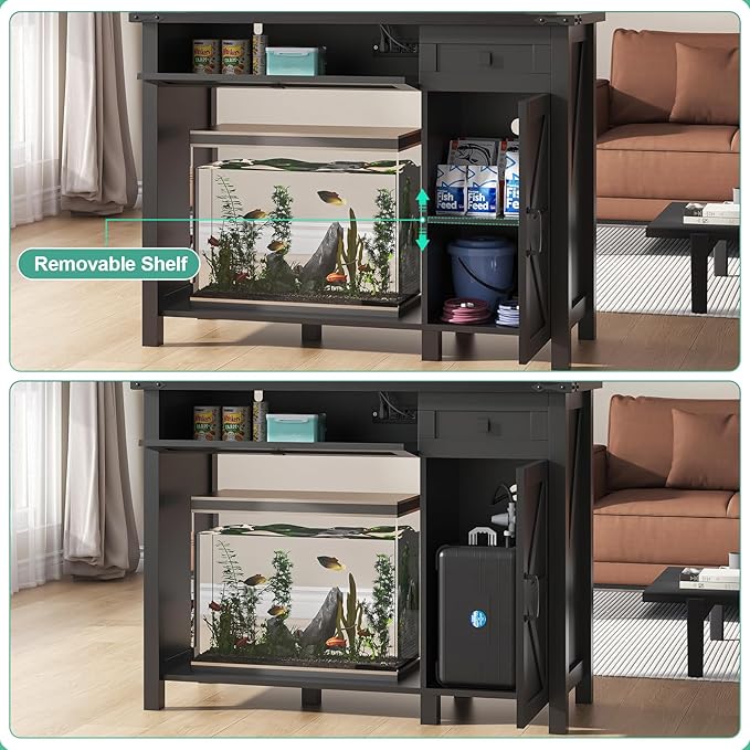 40 Gallon Aquarium Stand With Charging Station, Farmhouse Fish Tank Stand, Reptile Tank Stand Terrarium Stand with Drawer and Cabinet Storage, Sturdy Heavy Duty 41.9"×18.3" Tabletop - Black-PurrikoPets