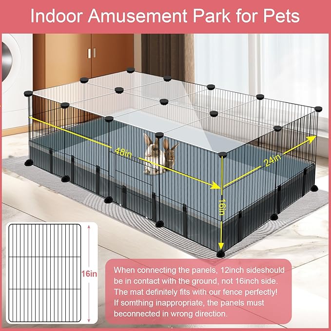 20 Panels Small Animal Playpen, 48" x 24" x 16" Pet Playpen with Waterproof Mat, C&C Cage for Guinea Pigs, Rabbit/Bunny/Baby Chicken Cage,Bunny/Puppy/Chicken Pen Indoor Outdoor Portable Metal Fence-PurrikoPets