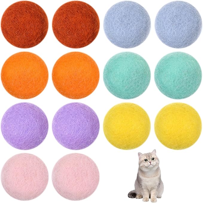 14 PCS Wool Cat Ball Toys, Quiet Play Felt Cat Ball Toys Kitty Kicker Exercise Toy, Fun Colorful Kitty Kitten Toy for Interactive Kitten Balls for Indoor 1.2in-PurrikoPets