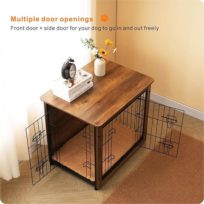 DWANTON Dog Crate Furniture with Cushion, Wooden Kennel Table with Double Doors, Indoor Dog House, Small/Medium/Large Size, 27.2" L, Warm Brown-PurrikoPets