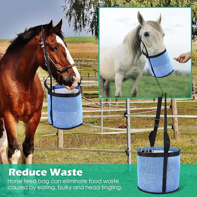 2 Pcs Horses Feed Horse Bag for Grain Hay Bags Heavy Duty Mesh Horse Feeder with Adjustable Strap Comfort Neck Pad Nose Pad and Waterproof Bottom Muzzle(Blue)-PurrikoPets