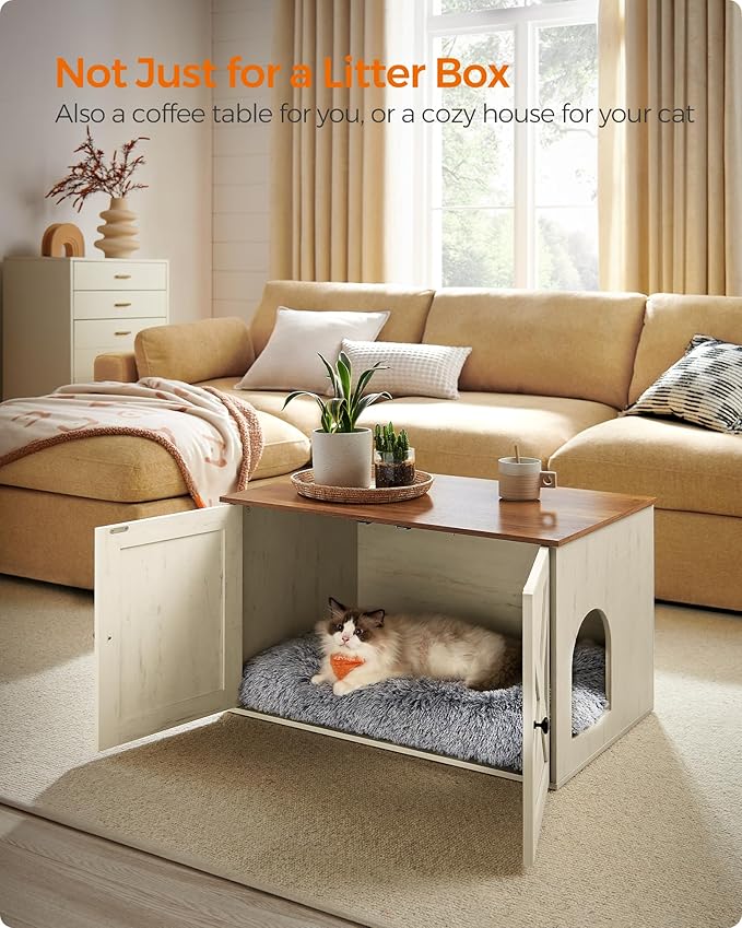 Feandrea Cat Litter Box Enclosure, Litter Box Furniture Hidden with Removable Divider, Indoor Cat House, End Table, 31.5 x 20.9 x 19.7 Inches, Honey Brown and Rustic White UPCL002P01-PurrikoPets