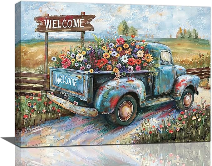 Farmhouse Truck Wall Art Rustic Country Wildflowers Wall Decor Road Flowers Landscape Pictures Canvas Print Painting Artwork for Bathroom Living Room Bedroom 12"x16"-PurrikoPets