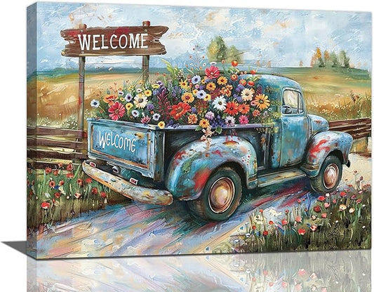 Farmhouse Truck Wall Art Rustic Country Wildflowers Wall Decor Road Flowers Landscape Pictures Canvas Print Painting Artwork for Bathroom Living Room Bedroom 12"x16"-PurrikoPets