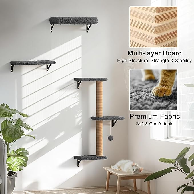 FUKUMARU Cat Wall Shelves, Stable & Safe 4 in 1 Cat Furniture Set, Wooden Climbing Wall with Scratching Post for 16 Inch Drywall - Gray-PurrikoPets