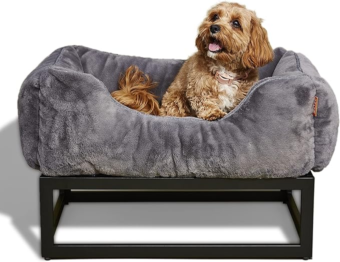 FUZI Luxury Aesthetic Dog Bed for Small Dogs with Washable Cover, Pet Couch, Pet Bed with Sides, Non-Slip Bottom, Soft & Durable Calming Dog Bed, Faux Rabbit Fur Cover, Small 25.1x16.75x9.5 Dark Grey-PurrikoPets