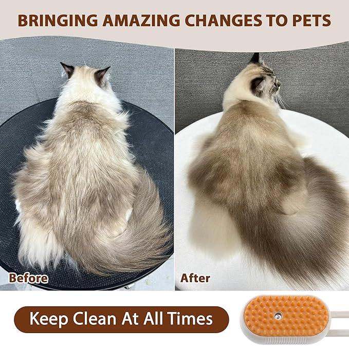 4 in 1 Cat Steam Brush, Rechargeable Steam Brush for Cats and Dogs, Anti-Static Cat Spray Brushes, Massage, Cleaning, Shedding & Combing All In One! Beige-PurrikoPets