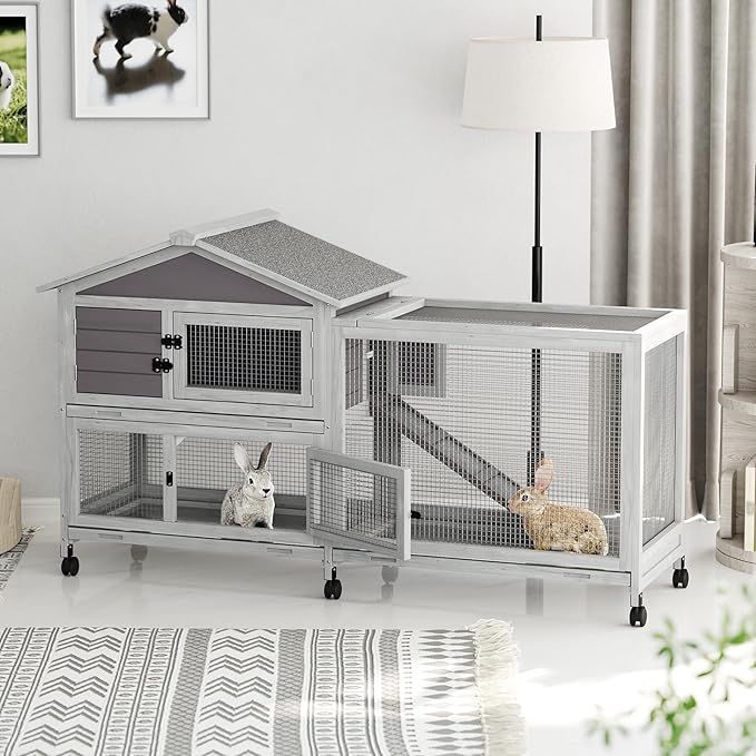 2-Tier Rabbit & Chicken House Mobile,Wooden Chicken Coop & Bunny Cage with Non-Slip Ramp, 4 Doors,Waterproof Roof & Pull-Out Tray,Outdoor/Indoor Pet Cage Movable-PurrikoPets