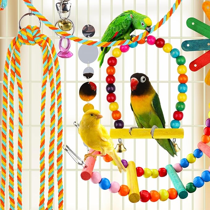 8 pcs Bird Toys for Parakeets with Colorful Ladder Hammock Bird Cage Accessories Bird Perch Stand Chewing Toys Hanging Bell Parrot-PurrikoPets