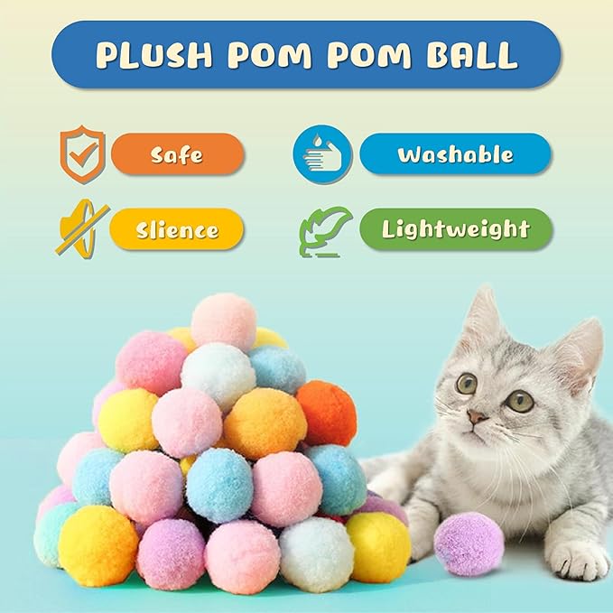 30 Pcs Premium Silent Cat Pom Pom Balls, Interactive Lightweight Assorted Colors Fuzzy Toy Balls (1.2 inches), with 4 Pcs Cat Spring Toy for Indoor Kitten Playing Exercising-PurrikoPets