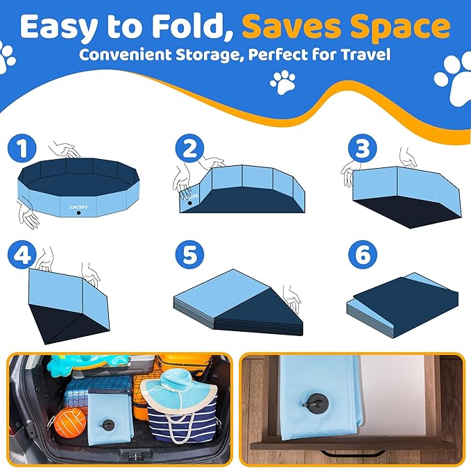 63" x 12" Foldable Dog Pool - Collapsible Hard Plastic Kiddie Pool for Dogs & Kids, Non-Slip Pet Bath Tub for Outdoor Backyard Use, Lightweight & Portable (Blue)-PurrikoPets