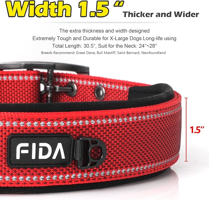 Fida Heavy Duty Dog Collar 1.5” Width, Ultra Soft Neoprene Padded, Adjustable Reflective Nylon Pet Collar with Two Metal Pin Belt Buckle for Large/X-Large Breeds (XL, Red)-PurrikoPets