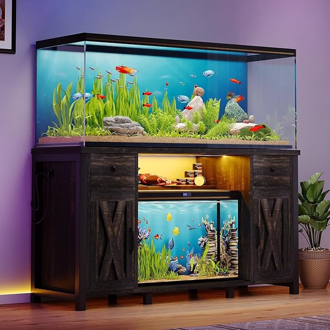 75 Gallon Fish Tank Stand with LED Light & Power Outlets, 55-75 Gallon Heavy Duty Metal Aquarium Stand with Drawers & Barn Doors, Cabinet for 2 Fish Tank Accessories Storage, Dark Oak-PurrikoPets