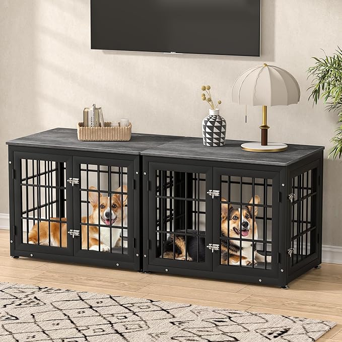 32 Inch Heavy Duty Dog Crate Furniture for Medium and Small Dogs, Decorative Pet House End Table, Wooden Cage Kennel Furniture Indoor, Gray-PurrikoPets
