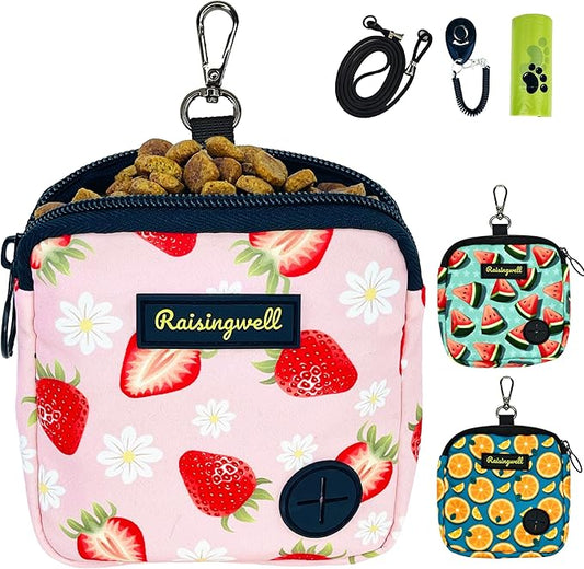 Dog Treat Pouch for Pet Walking and Training with Clicker Poop Bags Small Fanny Zipper Pack Holder for Puppy Snack Dispenser Kit for Leash and Outdoor Use (Strawberry)-PurrikoPets