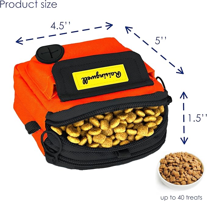 Dog Treat Pouch for Pet Walking and Training with Clicker Poop Bags, and Three Bags Design Small Fanny Zipper Pack Holder for Puppy Snack Dispenser Kit for Leash and Outdoor Use (Orange)-PurrikoPets
