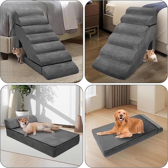 Foam Dog Stairs & Steps Ramps for High Beds 30-36 inches High Tall Large Dogs, LitaiL 7 Step Pet Stairs Steps for High Beds 30 inch Small Dogs, Non-Slip Dog Ramps for Bed-PurrikoPets