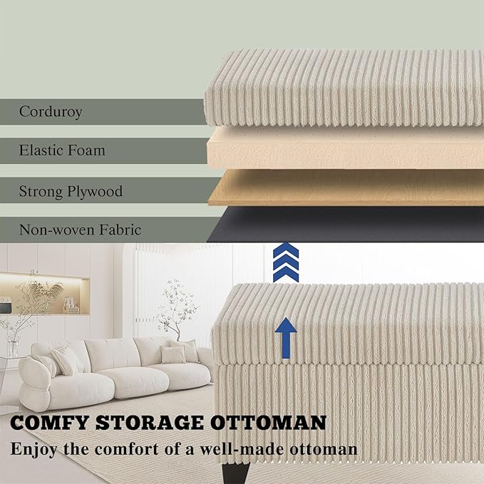 48" Ottoman with Storage, Corduroy Storage Ottoman Bench for Bedroom, End of Bed Bench with Safety Hinge for Living Room, Bedroom, Entryway, Beige-PurrikoPets