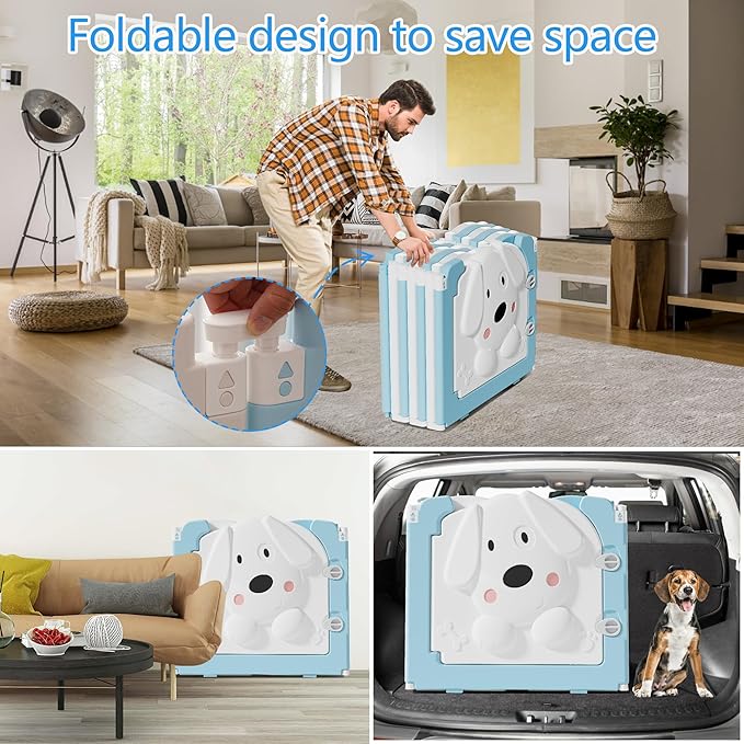 Foldable Dog Play Pen Indoors, Non-Slip Sturdy Puppy Playpen with Door, 25.5" H 12-Panel Adjustable Shape Dog Fence Pen for Small/Medium Dogs, Thickened, Easy to Store, White+Blue-PurrikoPets