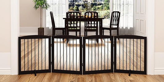 Freestanding Pet Gate for Dogs, Foldable Wooden Dog Gate for House, Indoor Dog Gate for Stair, Doorway, Gates for Dogs Indoor, 80 Inch Wide, 4 Panels 24",Brown-PurrikoPets