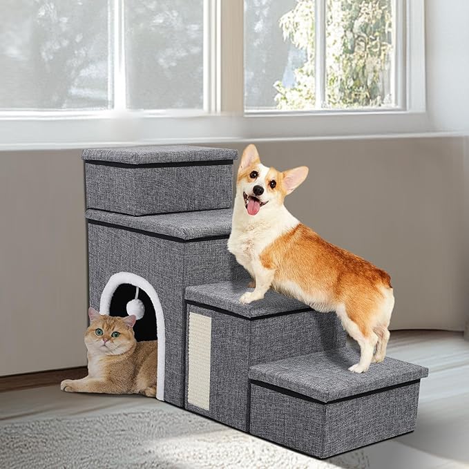 Dog Stairs for Bed and Couch 23“H, Foldable Dog Stairs for Small Older Dogs, 4 in 1 Adjustable Pet Cat Steps Ramps with Storage, Condo, Cat Scratcher, Hold Up to 180LBS, 4 Steps-PurrikoPets