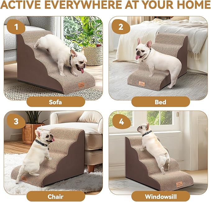 Dog Ramp and Stair for Bed 16" H-20 H,3-Step Cat Stair for Sofa and Chair,4-Step Dog Ramp for High Bed and Window,Durable Nonslip Fabric Cover for Indoor (Coffee-20 H, Pet Friendly, 4)-PurrikoPets