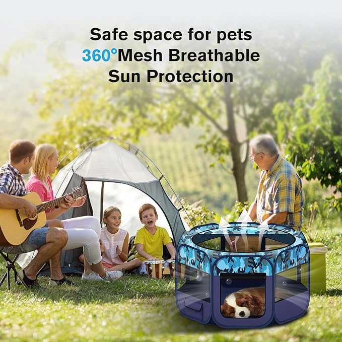 Dog Playpen, Pet Playpen, Portable Cat Playpen, Foldable Puppy Playpen Exercise Kennel Tent with Carry Case Collapsible Bowl,Water-Resistant Shade Cover for Indoor Outdoor Travel （Bule,Medium）-PurrikoPets