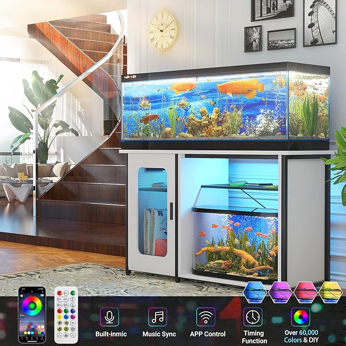 55-75 Gallon Fish Tank Stand with Power Outlets & LED Light, Reversible Heavy Duty Metal Aquarium Stand with Cabinet for Fish Tank Accessories Storage, Turtle/Reptile Terrariums, White-PurrikoPets