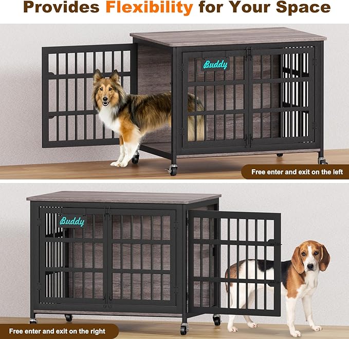 EasyCom 41"/33"/27" Dog Crate Furniture with Name Tag, Heavy Duty Dog Kennel Indoor for Medium Dogs, Double-Doors Sturdy Metal Dog Cage for Anxiety Dog, Decorate House as TV Stand, End Table-PurrikoPets