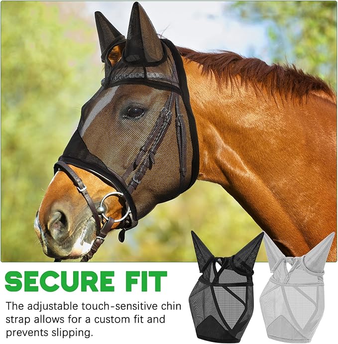 2 Pcs Horse Fly Mask with Ears Adjustable UV Protection Horse Fly Mask Accessories Large Eye Space with Ears for Horses Summer, Black and Gray, L-PurrikoPets