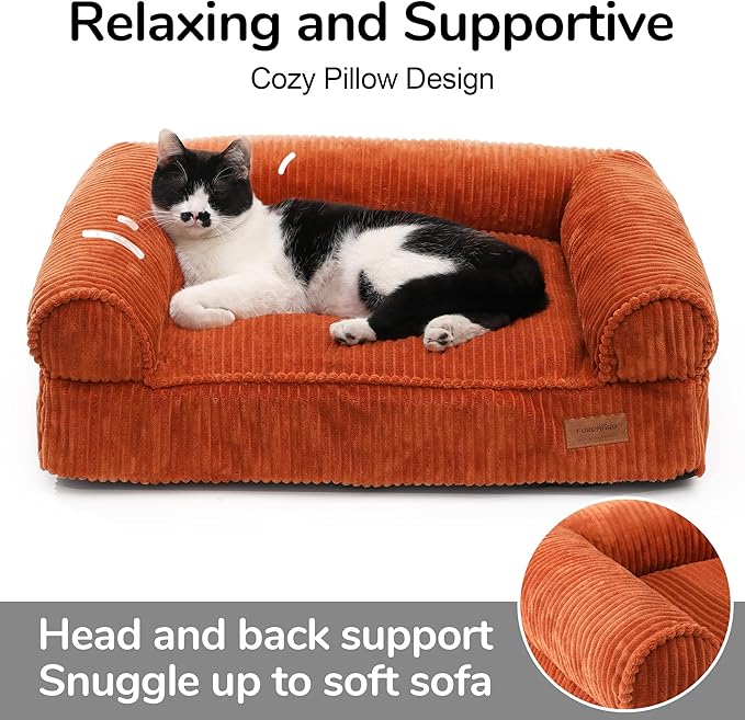 FUKUMARU Dog Couch Bed, Corduroy Cozy Cat Bed for Indoor Cats with Washable Cover, Supportive Waterproof Dog Beds Sofa for Small Dogs and Large Cats Cute, 28inch, Medium, Orange-PurrikoPets