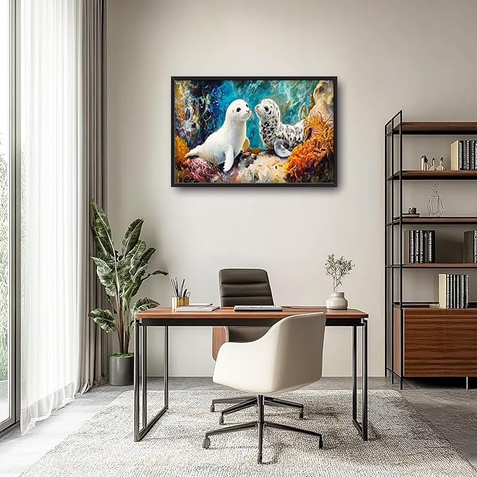 Extra Large Seal Framed Wall Art for Living Room,Oversized Underwater Animal Pictures Wall Decor,Ocean Coral Reef Canvas Print Painting Modern Artwork Bedroom Office Bathroom 36L" x 24W"-PurrikoPets