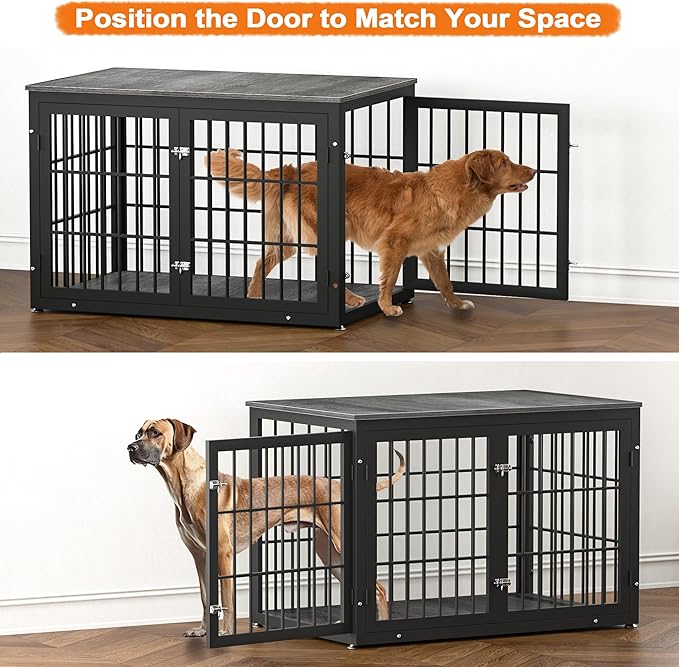 48 Inch Heavy Duty Dog Crate Furniture for Large Dogs, Decorative Pet House End Table, Extra Large Wooden Cage Kennel Furniture Indoor, Black and Gray-PurrikoPets