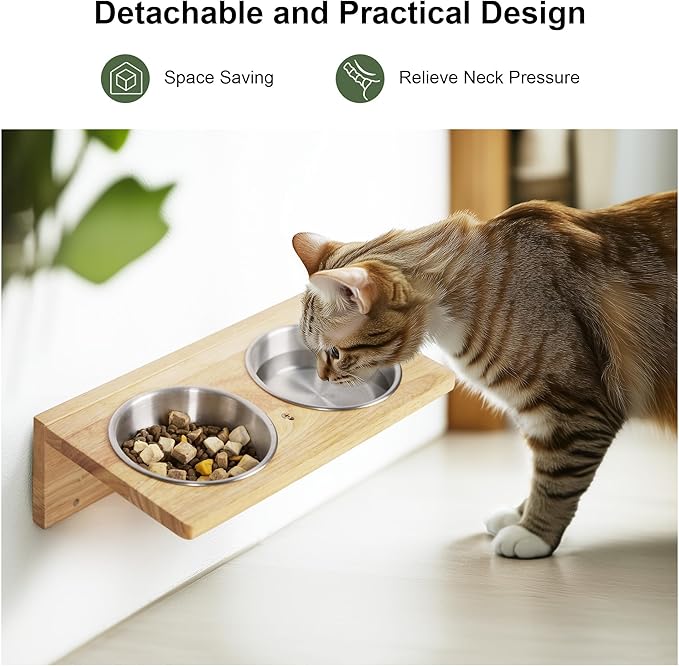 FUKUMARU Cat Wall Shelves, 3 In 1 Cats Walls Furniture Set, Food Station with 2 Steps , Solid Rubber Wood Perch, Suitable for Kitten Play, Nap, Eat, DIY Wall Jungle Gym-PurrikoPets