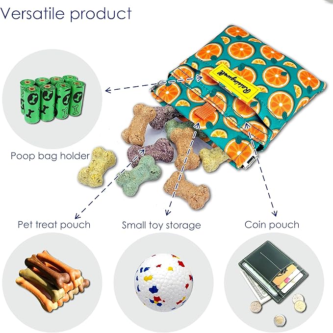 Dog Treat Pouch,Cotton Pocket Sized Training Holder, Hand Free Walking Funny Bag with Carabiner, Self-Closing Pet Feed Snack Reward, Behavior Aids for Puppy Travel or Outdoor Use（Fruit Orange）-PurrikoPets