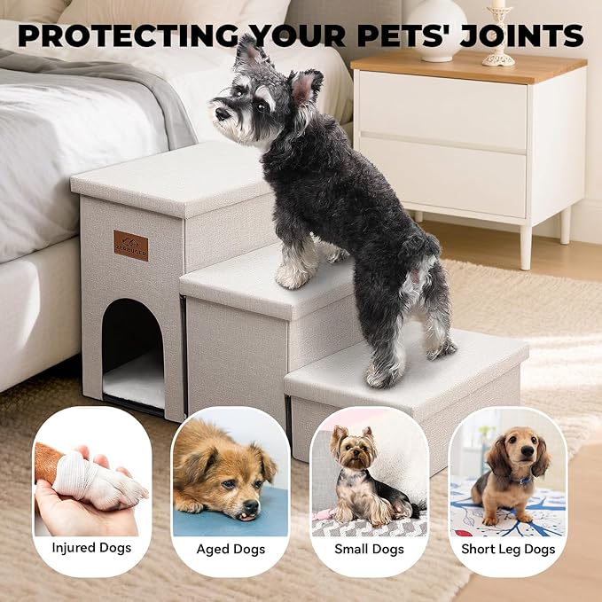Dog Stairs with Condo 18" H, 3-Step Wider Dog Steps for High Beds Couch, Folding Storage Pet Stairs Gift for Small/Medium/Large Old Dogs Cats, Ramp for Climbing Car Up to 200 lbs, Beige-PurrikoPets